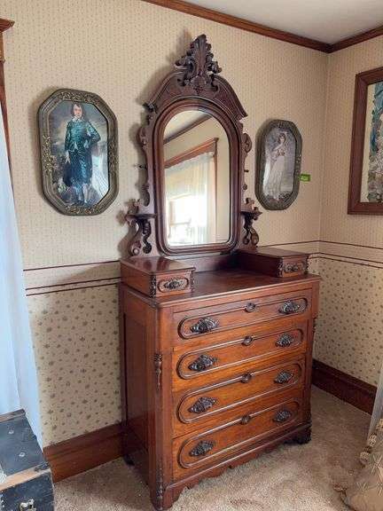Walnut Victorian dresser w/ wishbone mirror, candle rests, hanky drawers, carved pulls 19D x 41L x 90H image