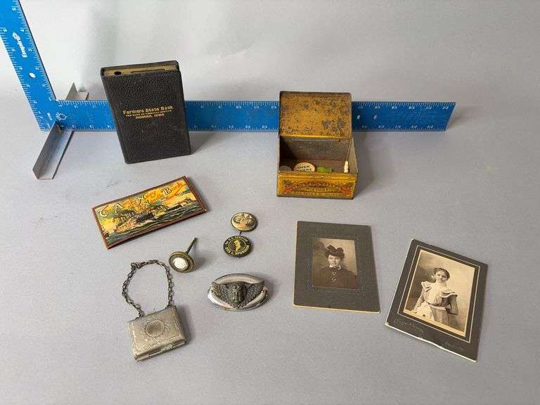 Matador Granulated Sugar tin, Farmers State Bank Monona bank, photos, needle book, etc image