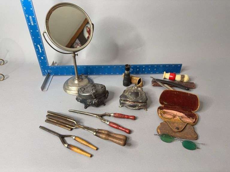 His and hers beauty group includes curling irons, trinket boxes, shaving mirror and brush, etc image