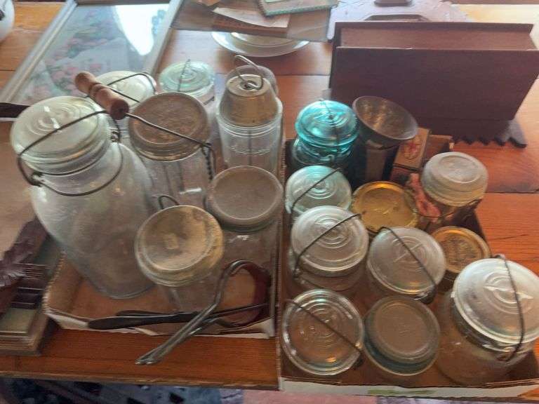 All sizes Ball clear glass canning jars, funnel, jar lifters, etc image