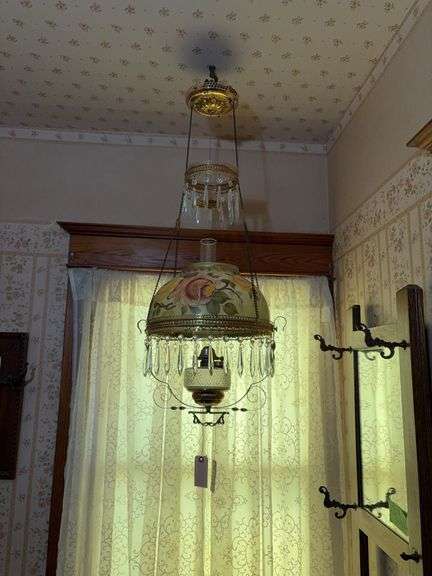 Hanging prism lamp w 2 matching rings, clear glass font, ceiling reel, smoke bell image