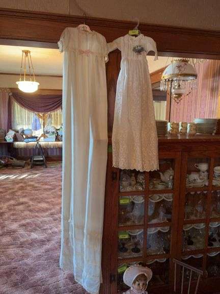 Rubber head doll w sleep eyes, vintage clothing and doll chairs, very nice christening gown image