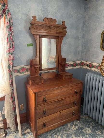 Walnut dresser w/ mirror, candle rests, hanky boxes, drop pulls 18D x 39L x 76H image