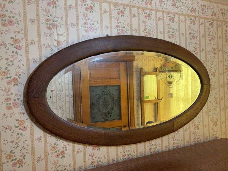 Oak framed beveled edge oval mirror 46 x 24 OR 24 x 46 image