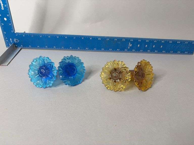 Two pair glass curtain tie backs, amber and blue image