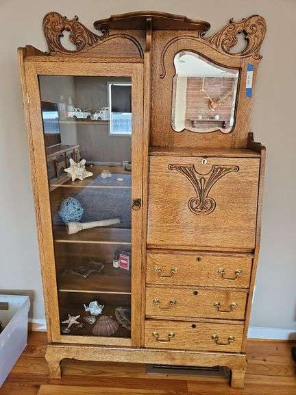 Antique Victorian golden oak side-by-side secretary desk and bookcase combination 38X11X65 With decorations already in place! image