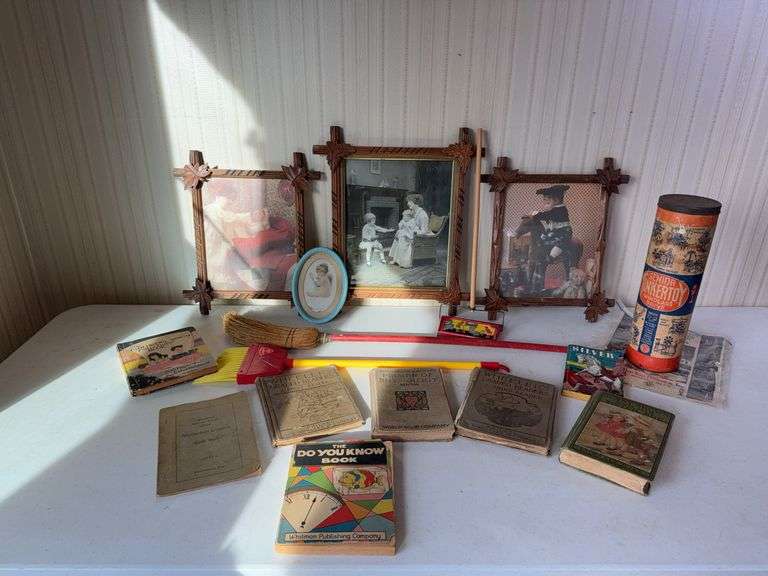 Vintage kids books, brooms, dust pan, picture frames, Senior Tinker Toys windlass drive in original container w instruction manual image