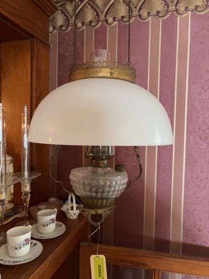 Hanging oil lamp with matching rings, smoke bell, ceiling reel, clear glass hobnail font image