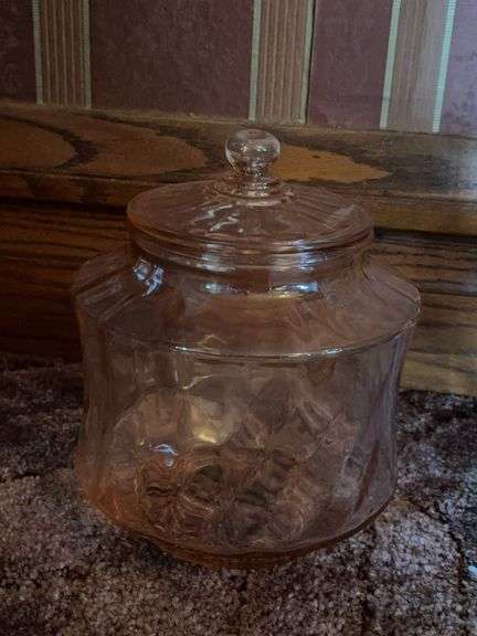 Pink depression biscuit jar, extra lids, clear glass pieces image