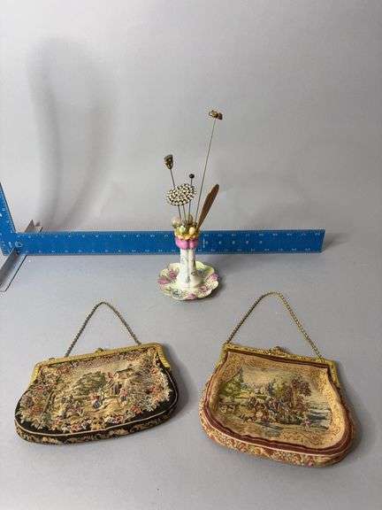 Two tapestry style purses and hat pin holder w pins image