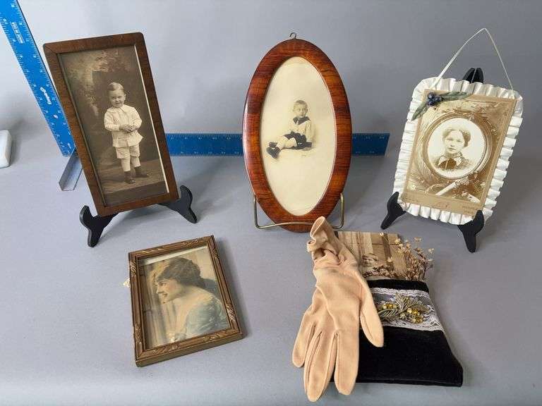 Vintage photos, gloves, wall decor image