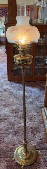 Aladdin Lincoln drape electrified floor lamp with frosted hand painted shade, Aladdin wick raiser and chimney image