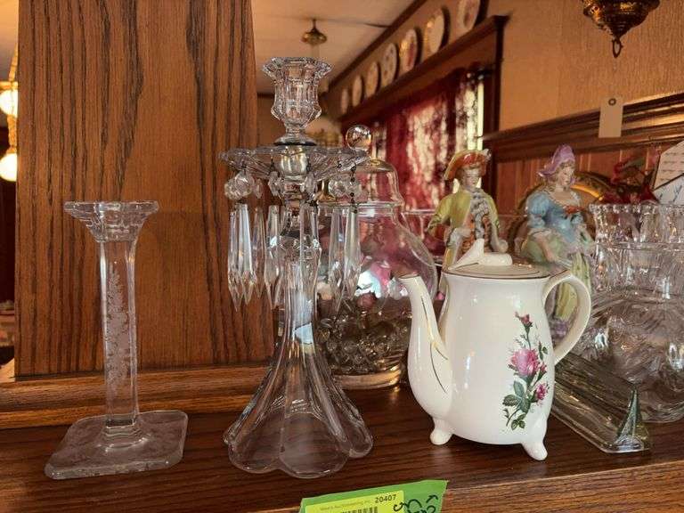 Cups & saucers, clear glass, figurines, candle, etc image