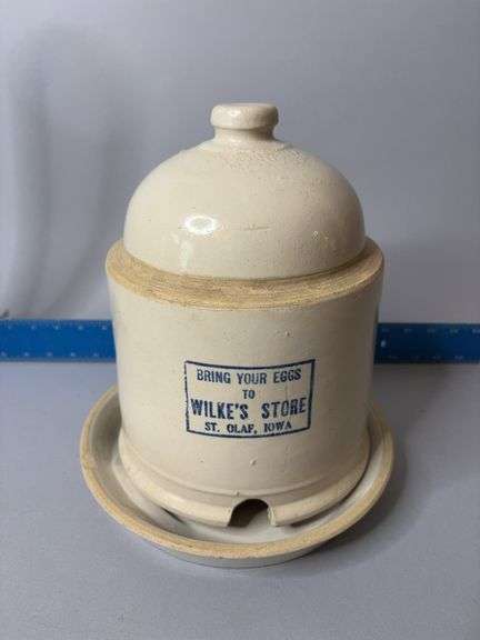 Stoneware chicken waterer “Bring Your Eggs to Wilkes Store St. Olaf, Iowa” image