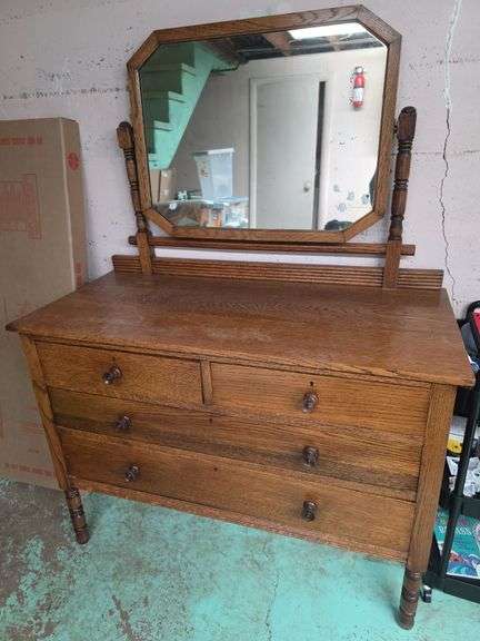 Antique oak dresser with a barley twist swivel mirror and original hardware 42X20X58. Stair carry image