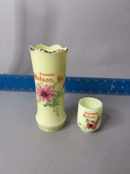 Two pieces Watson Iowa uranium glass, toothpick holder does have a chip at bottom image