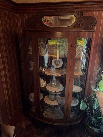 15D x 37L x 67H curved glass front curio cabinet with mirrored back NO CONTENTS image