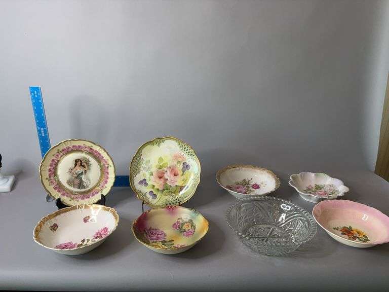 Hand painted bowls and plates, clear glass bowl image