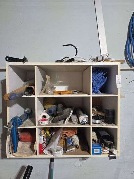 Saw, caulk gun, sander, mallet, putty knife, image