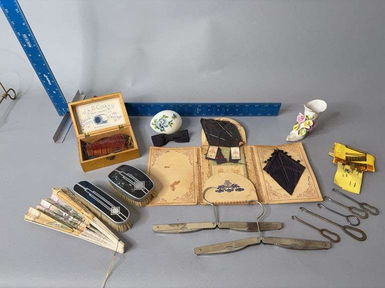 Made in Scotland trinket box w hair combs, tie tacks, hand painted egg, brushes, foldable metal hangers, etc image