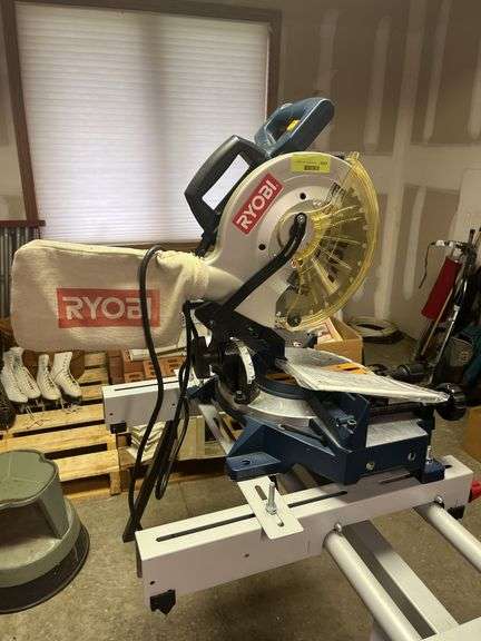 Ryobi 10” compound miter saw Model TS1342 mounted on Skil miter saw stand Model 3300MS
