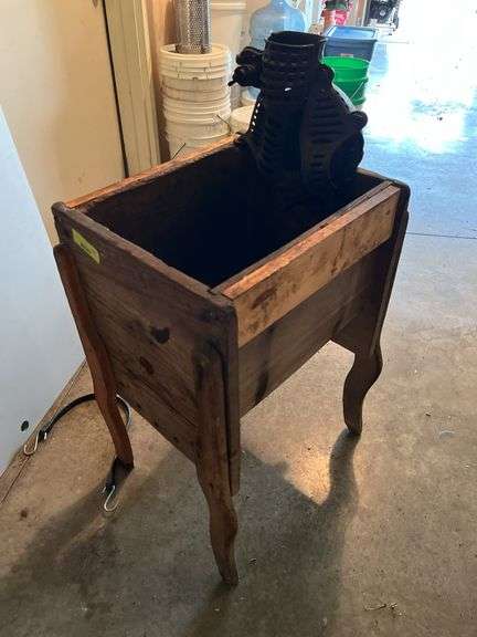 Antique butter churn base w/ hand crank Black Hawk corn sheller