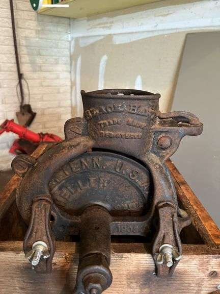 Antique butter churn base w/ hand crank Black Hawk corn sheller