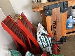 Craftsman wooden car creeper, car ramps, oil dry, single jack and a Club