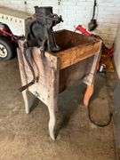 Antique butter churn base w/ hand crank Black Hawk corn sheller