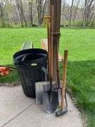 Snow shovel, round point, maul, potato fork and large garbage can w/ lid