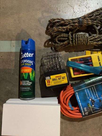 Rope, drop cords, bits, multipurpose plastic boxes, tape measure, bug spray, hooks, etc