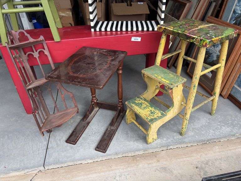 Very heavy duty red bench, green stool, sofa table, wall hanging shelf