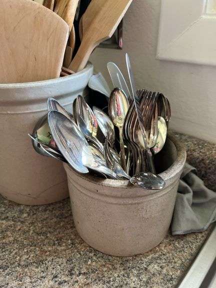 1 gallon crock, kitchen utensils, salad spinner, bean pot and flatware