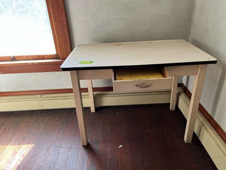 Enamel top table with single drawer 25D x 40L x 30H