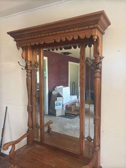 Antique ornate lions head oak entry bench with mirror