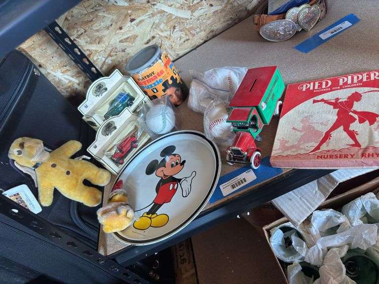 Collectible toy type items stuffed Walt Disney Pluto, Mickey Mouse tray, Banks, Playboy playmate puzzle, baseballs