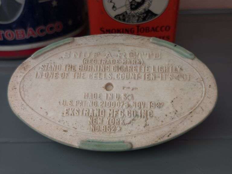 Tobacco tins, Scottie dog ashtray, two Snuf-a-rettes