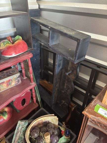 Two shelving units and lots of smaller shelves and storage items plus group of apple kitchen items