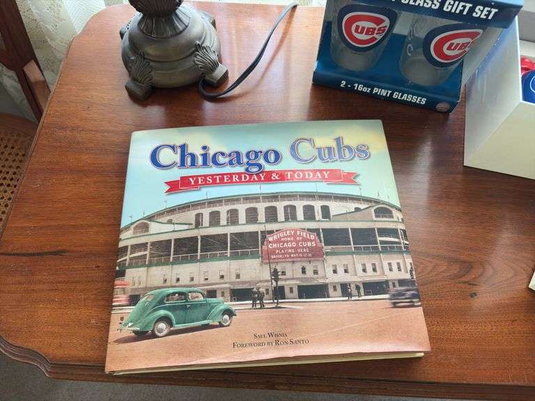 Chicago Cubs items include lamp, book, glasses, ornaments