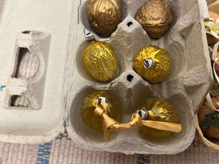 English walnut tree decorations, 4 west Germany nut ornaments, paper lanterns
