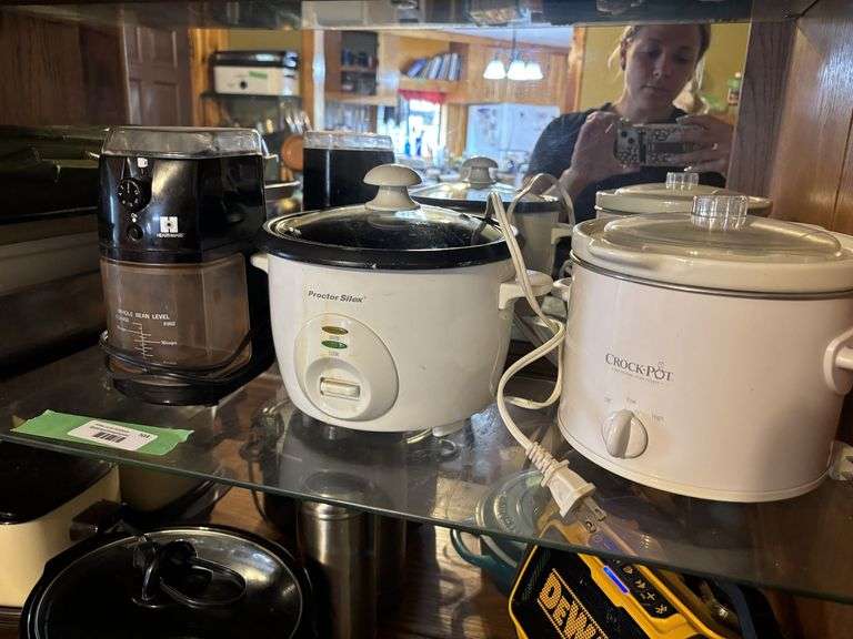 Rice cooker, small crock pot, coffee grinder and kitchen bakeware