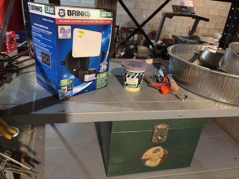 Metal shelf and contents includes vinyl tape, coolers of all sizes, security light, file box, etc