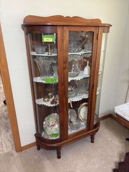 Schanz Furniture Amana walnut double curved glass china hutch w/ key 12D x 35L x 60H NO CONTENTS, needs to be a LATE PICKUP TIME!!!
