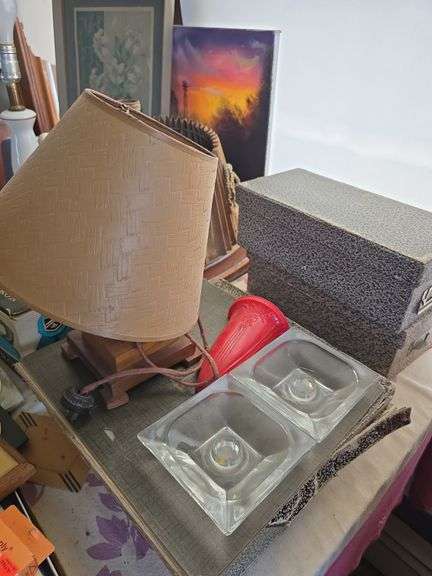 Grab bag lot includes lamps, papers, canister, iron, shoe stretchers, etc