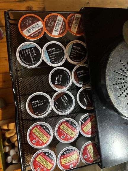 Keurig coffee maker, drawer with k pods, small skillet