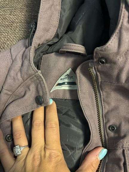 Ladies ridgecut heavy canvas lilac colored coat (M) and maroon overalls (L)