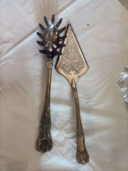 American Fostoria square cake stand, weighted sterling candlesticks, cake server and spaghetti spoon