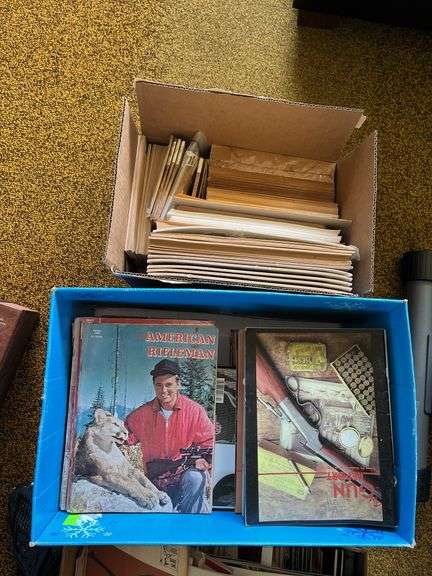 RIA catalogs, American Rifleman mags, 1946 Fur,Fish,Game magazines, lots of other old mags and a box of paper targets