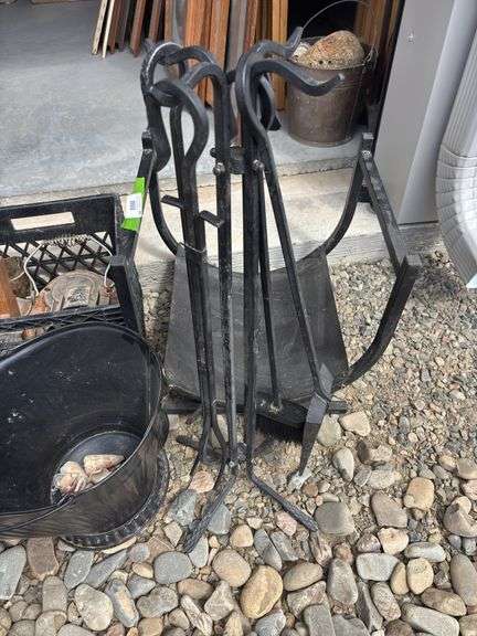 Fireplace tool set, wood holder, coal bucket, two stove fans, cast-iron tea kettle