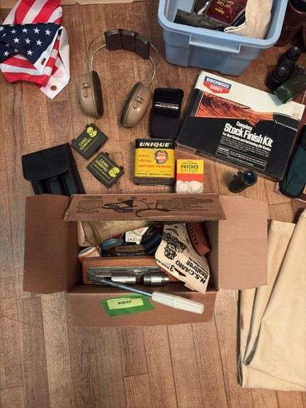 Tanned deer hide, stock refinishing set, variety of gun/hunting type items
